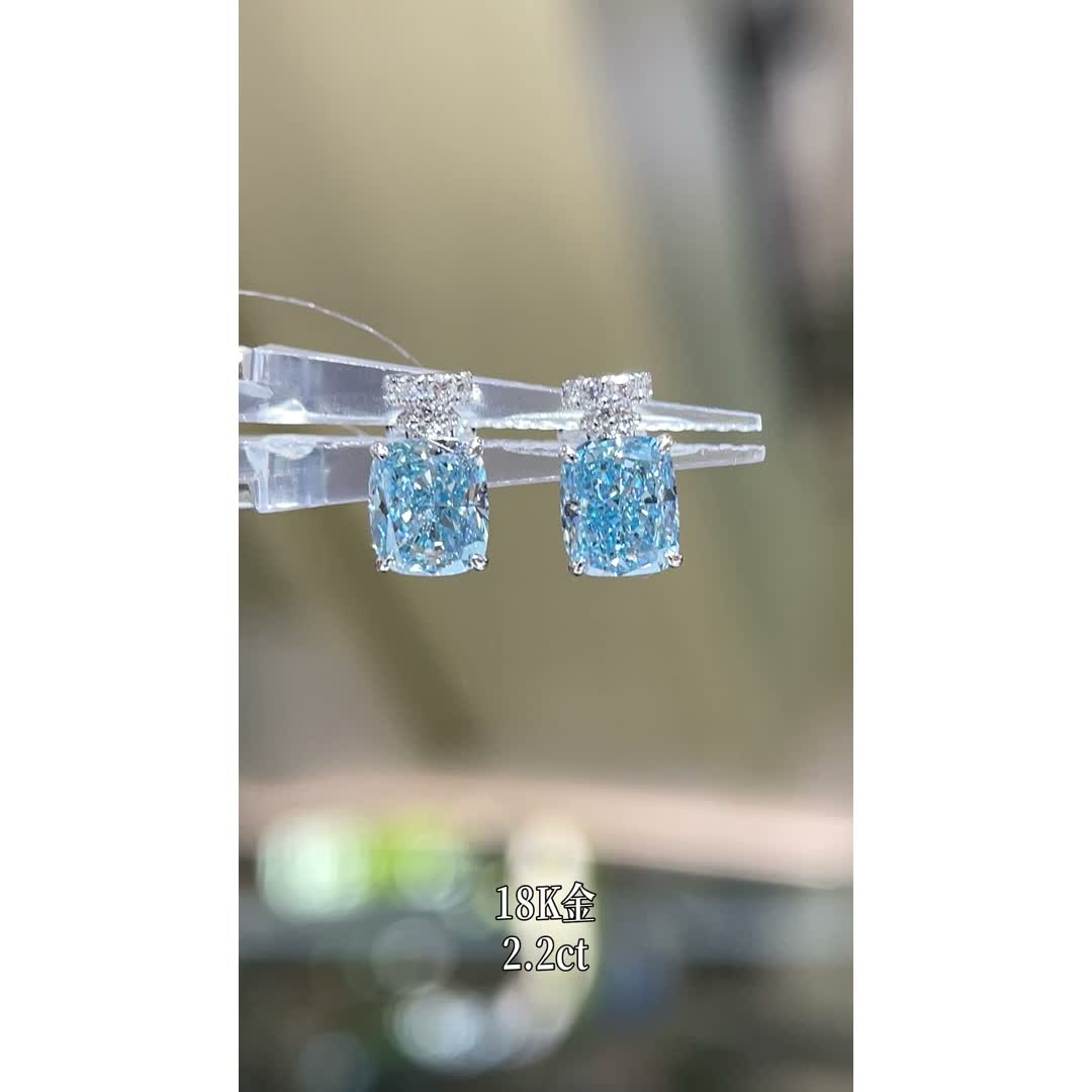Isla Blue Cushion Diamond Stud Earrings — product photo 2 of 4