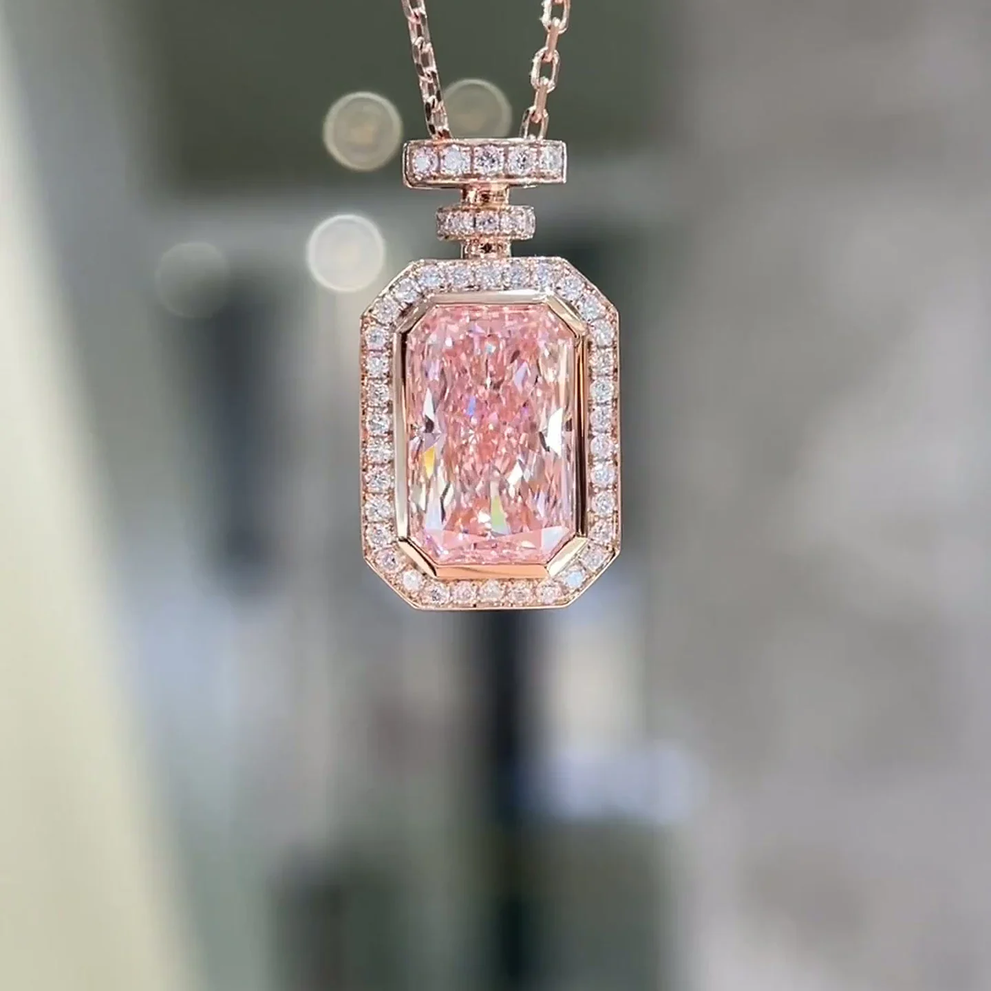 Rosaline 4.08ct Fancy Vivid Pink Radiant Halo Perfume Bottle Lab-Grown Diamond Pendant Necklace — product photo 3 of 6