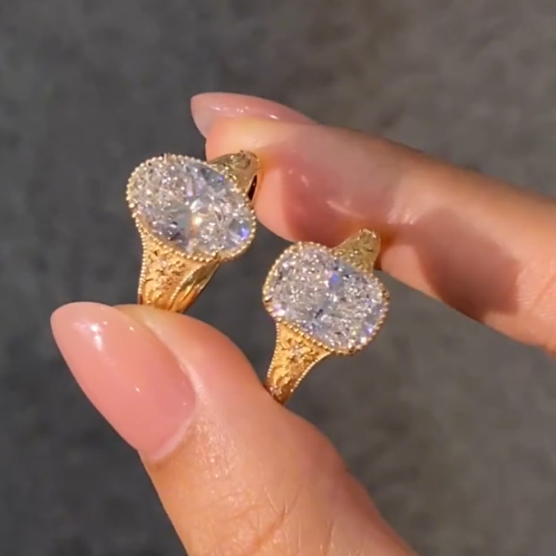 Vintage Floral Engraved Lab Diamond Ring Cushion/Oval/Radiant Cut in 14K / 18K Gold — product photo 1 of 6