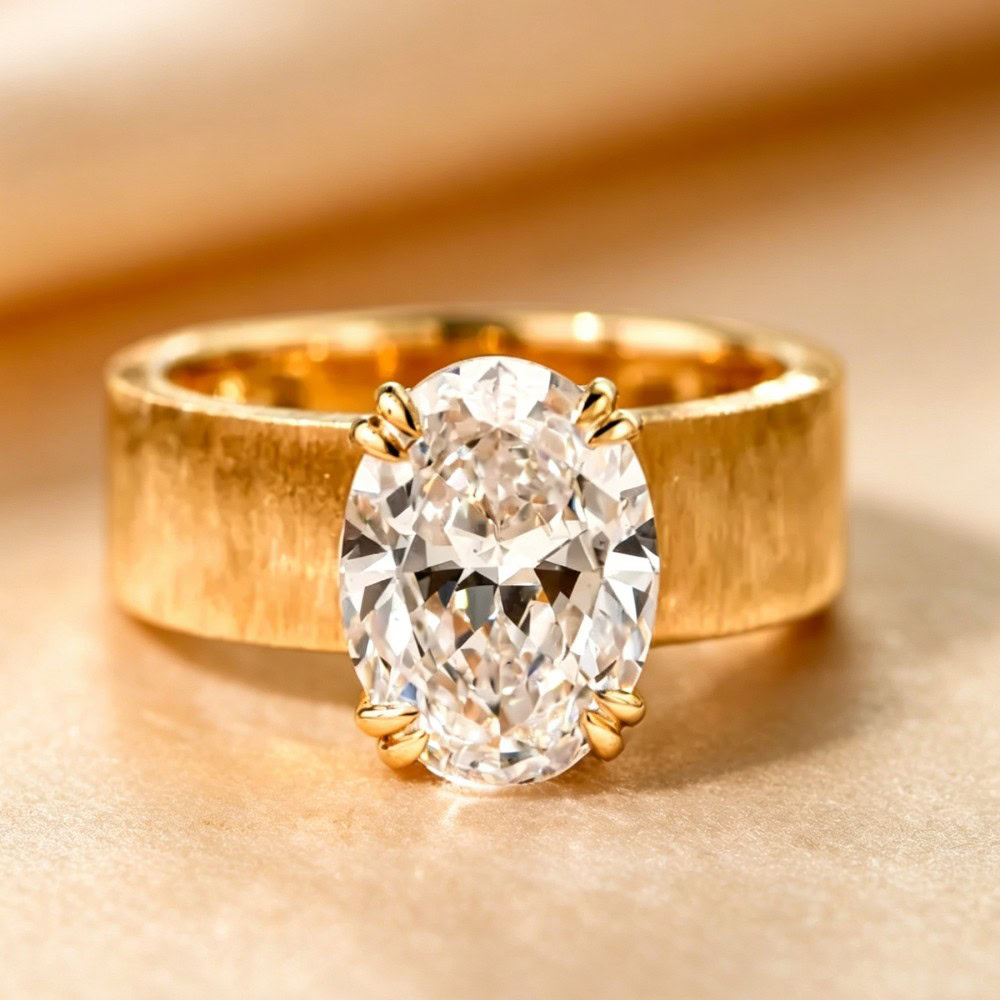 BP004 Oval Old Money Style Brushed Gold Wide Band Lab-Grown Diamond Ring — product photo 1 of 6