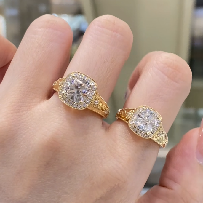 Vintage Cushion Halo Lab Diamond Ring | Antique Milgrain Engagement Ring — product photo 2 of 6