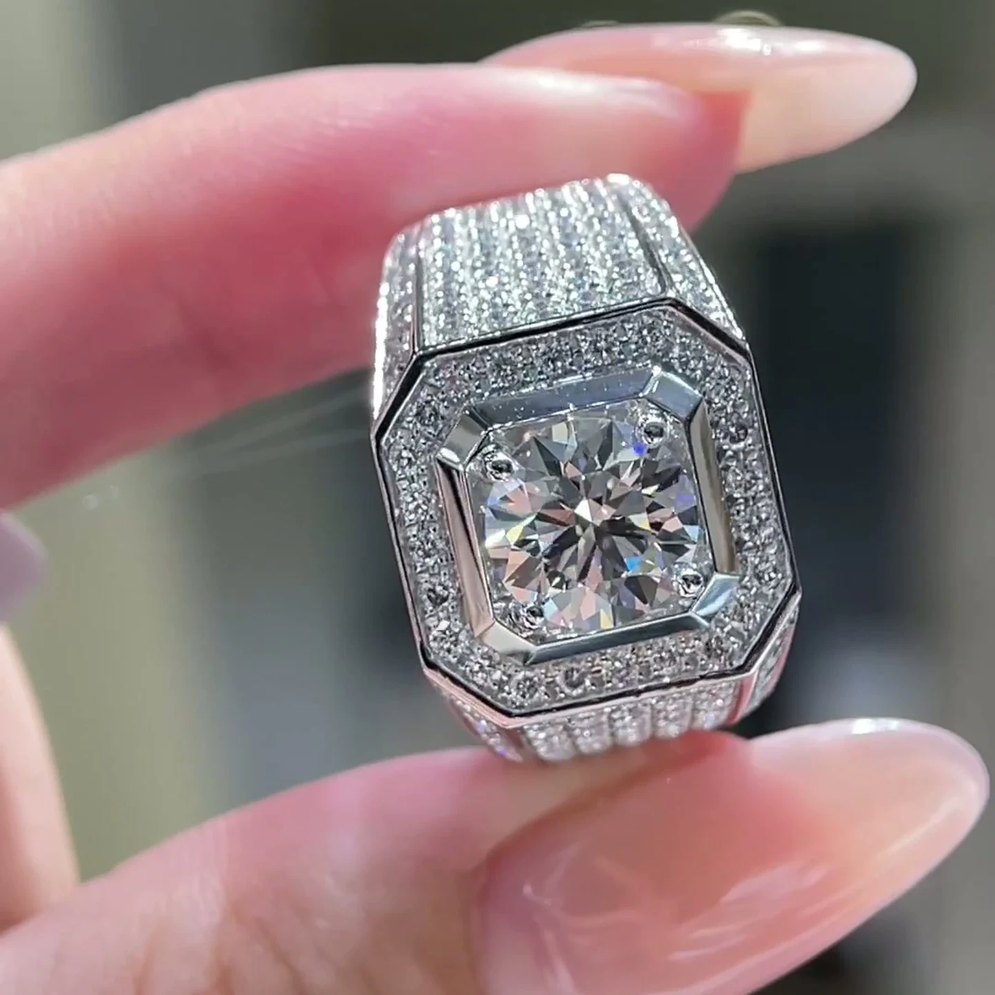 Orion Octagonal Pavé Frame Platinum Men’s Diamond Ring — product photo 3 of 4