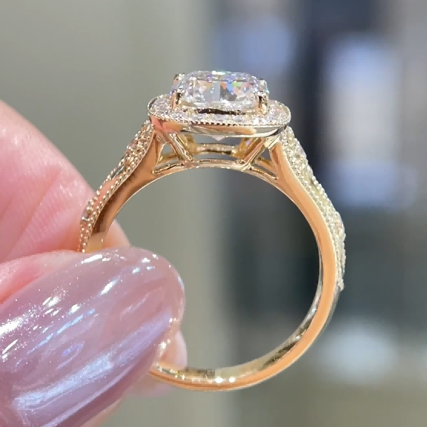 Vintage Cushion Halo Lab Diamond Ring | Antique Milgrain Engagement Ring — product photo 4 of 6