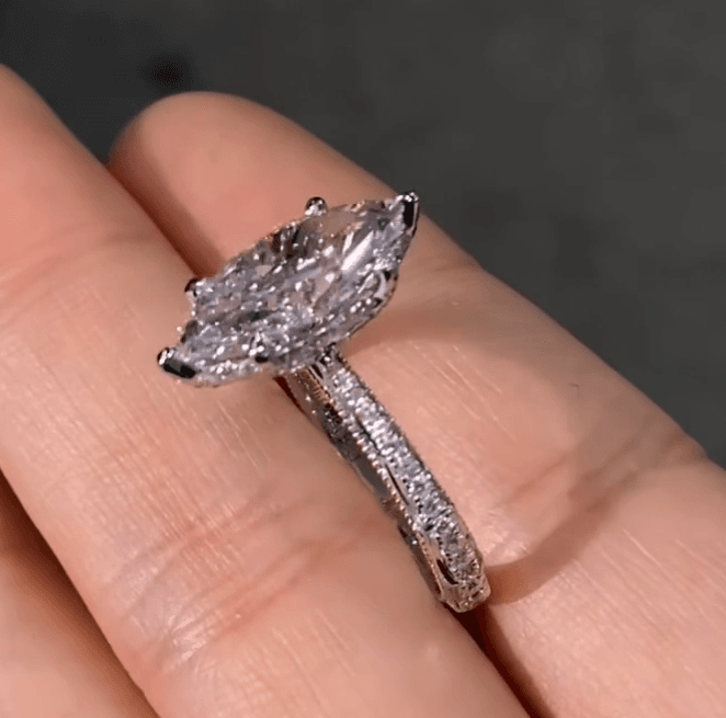 Vintage Marquise Lab Diamond Ring with Hidden Halo and Full Engraved Band — product photo 4 of 5