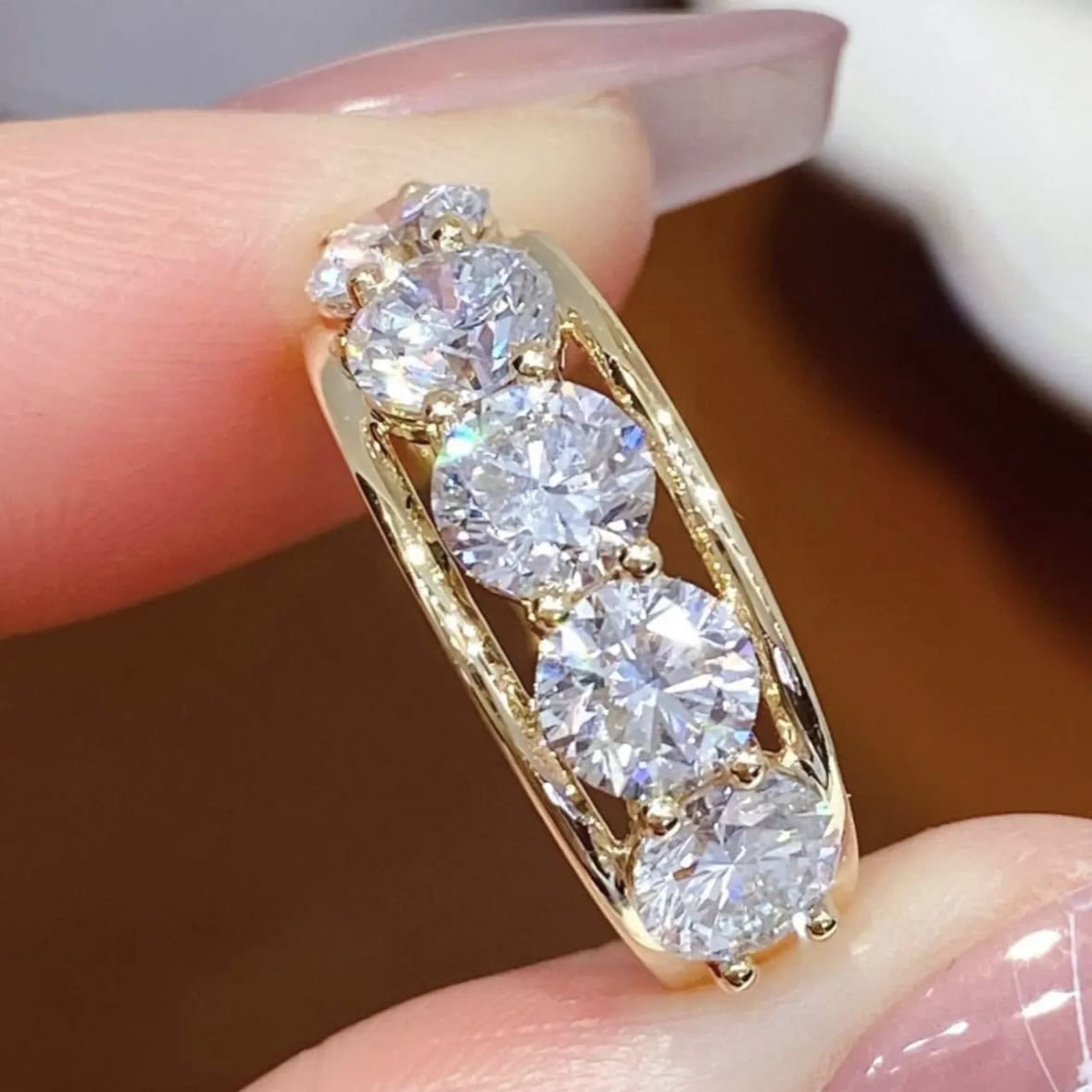 BP006 5 Stone Lab-Grown Diamond Ring Vintage Yellow Gold Wide Band Old Money Style Diamond Band — product photo 5 of 6