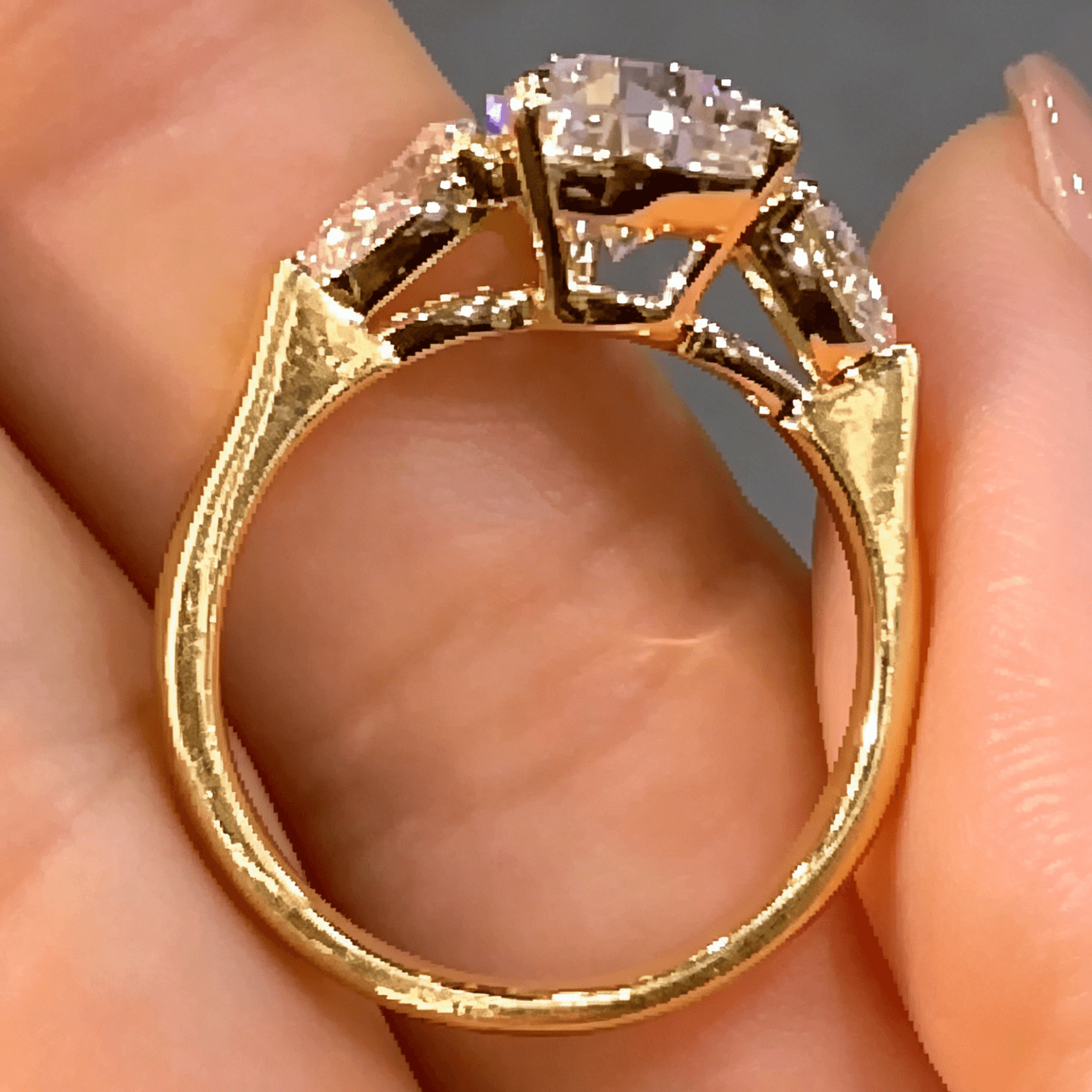 Three Pear Lab Diamond Ring | Brushed Gold Three-Stone Design — product photo 2 of 5