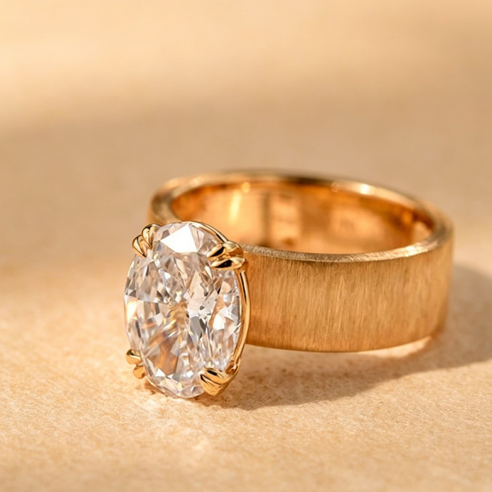 BP004 Oval Old Money Style Brushed Gold Wide Band Lab-Grown Diamond Ring — product photo 2 of 6
