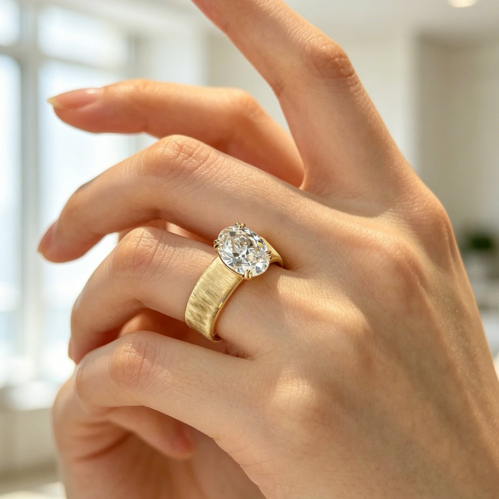 BP004 Oval Old Money Style Brushed Gold Wide Band Lab-Grown Diamond Ring — product photo 3 of 6