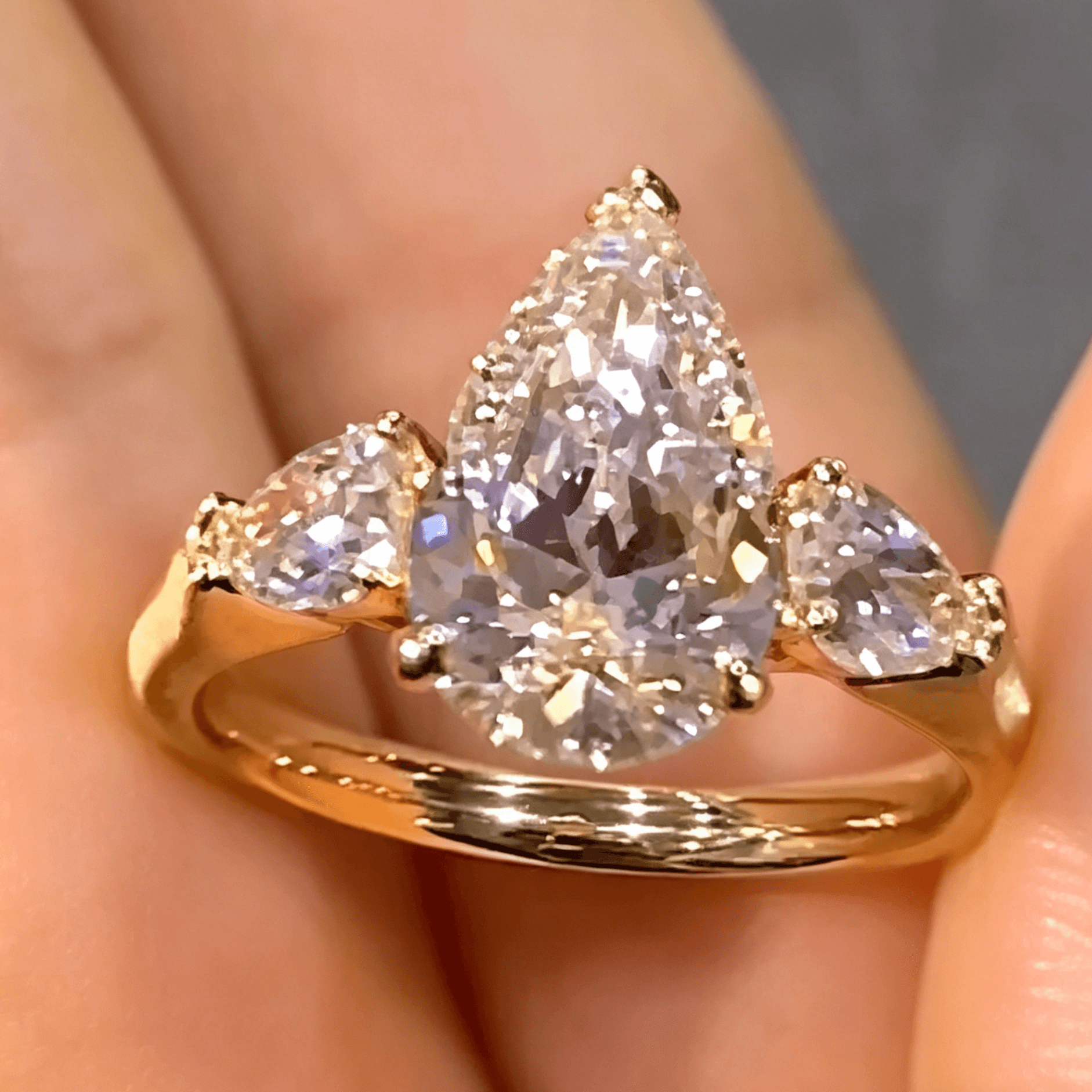 Three Pear Lab Diamond Ring | Brushed Gold Three-Stone Design — product photo 3 of 5