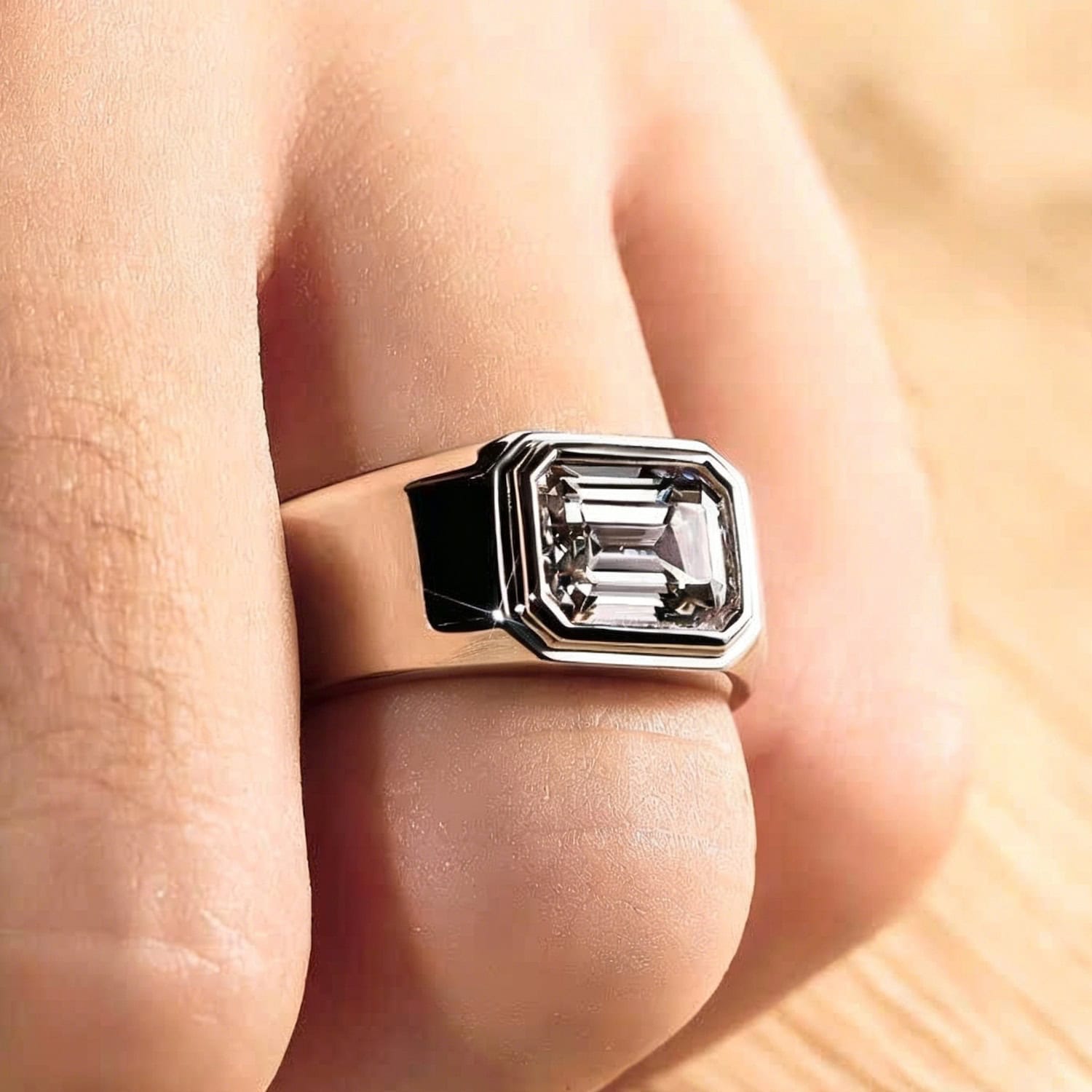 Emerald Cut Lab Diamond Signet Ring | Bezel Set Statement Ring for Men — product photo 4 of 5