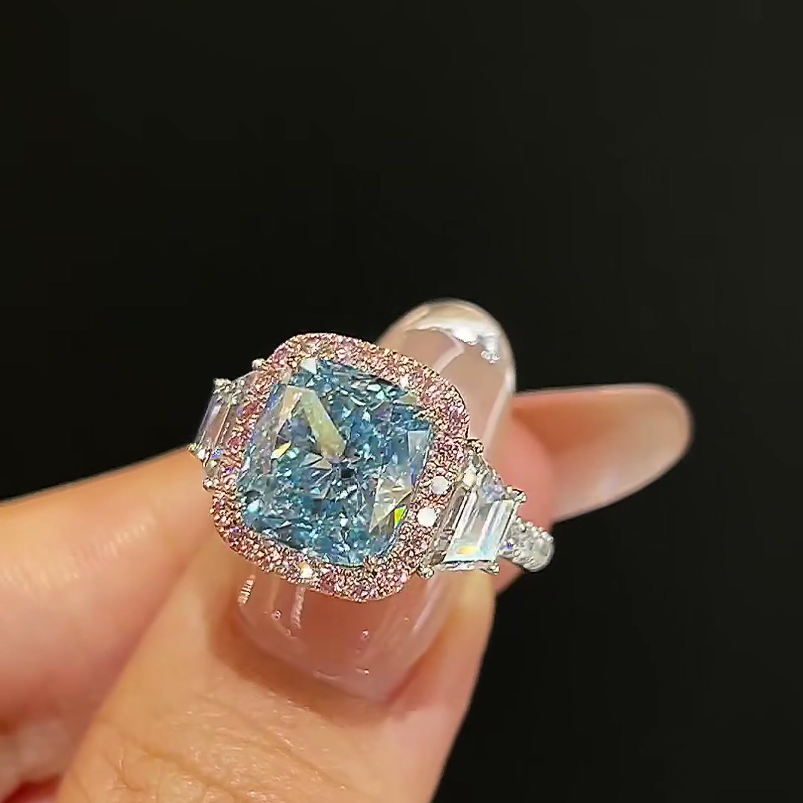 Blue Lab-Grown Diamond Three-Stone Halo Ring — product photo 2 of 4