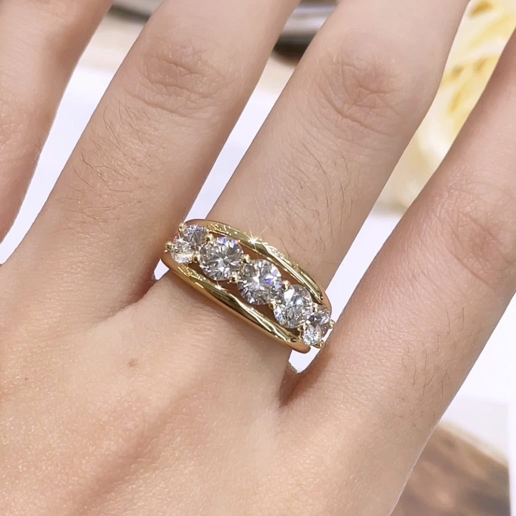 BP006 5 Stone Lab-Grown Diamond Ring Vintage Yellow Gold Wide Band Old Money Style Diamond Band — product photo 4 of 6