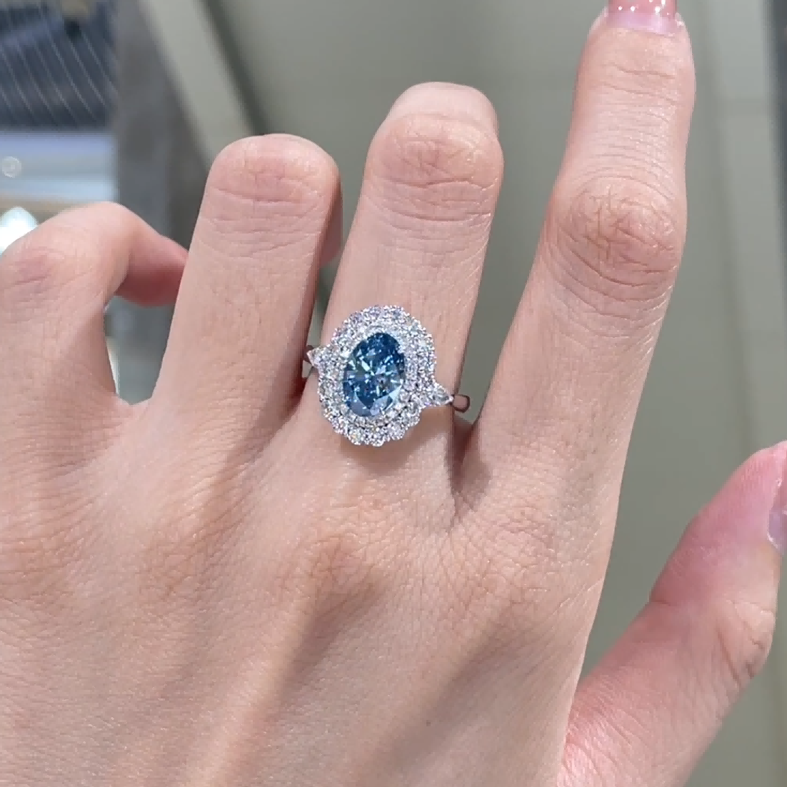 Maris Oval Blue Lab Diamond Floral Halo Ring — product photo 2 of 6