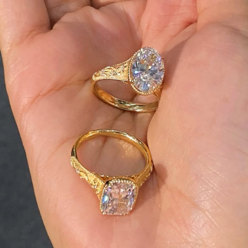 Vintage Floral Engraved Lab Diamond Ring Cushion/Oval/Radiant Cut in 14K / 18K Gold — product photo 6 of 6