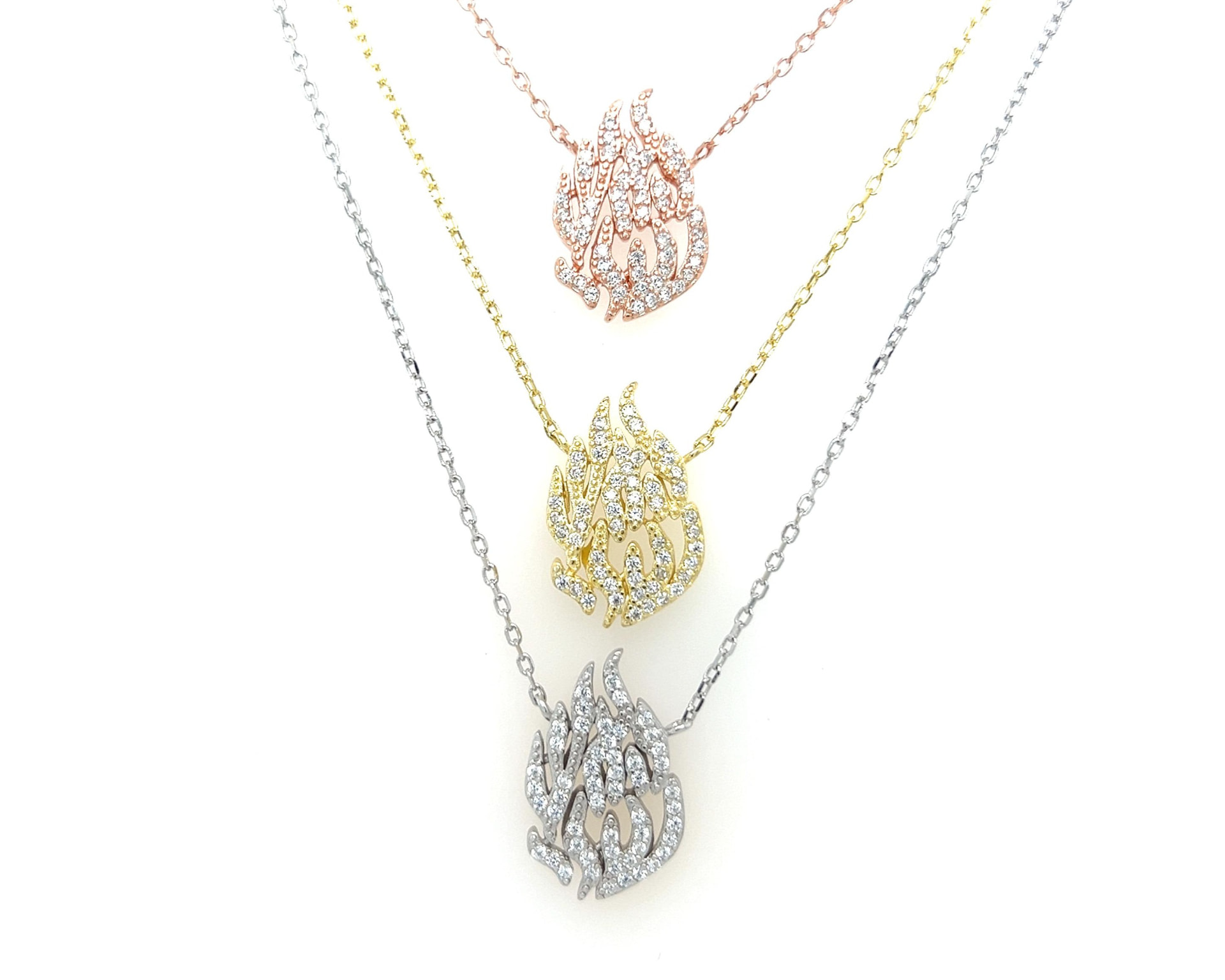 Diamond Flame Pendant — Three Golds
