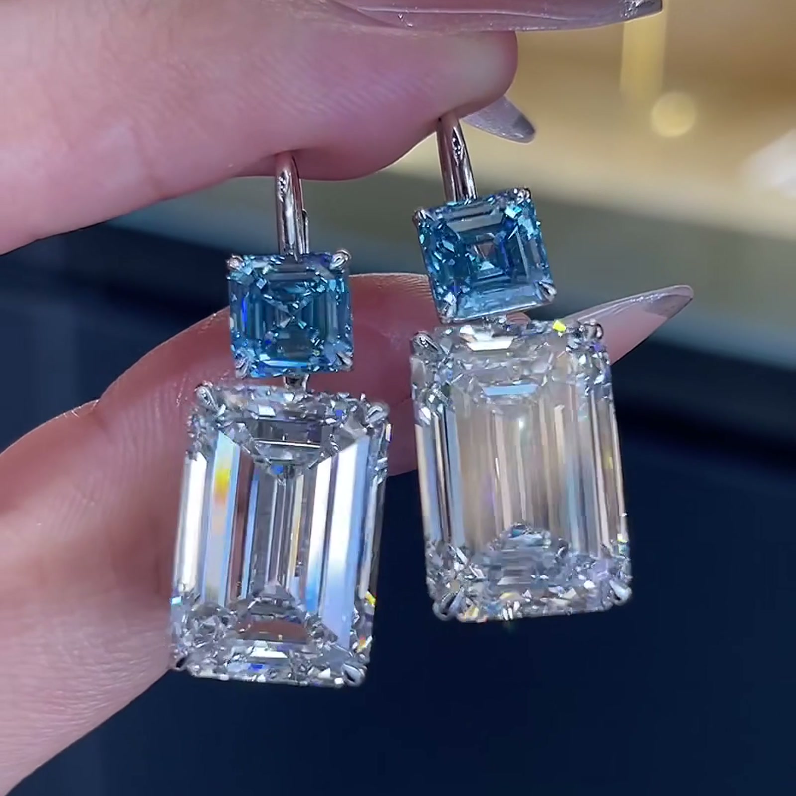 Emerald-Cut and Blue Lab-Grown Diamond Drop Earrings — product photo 4 of 4
