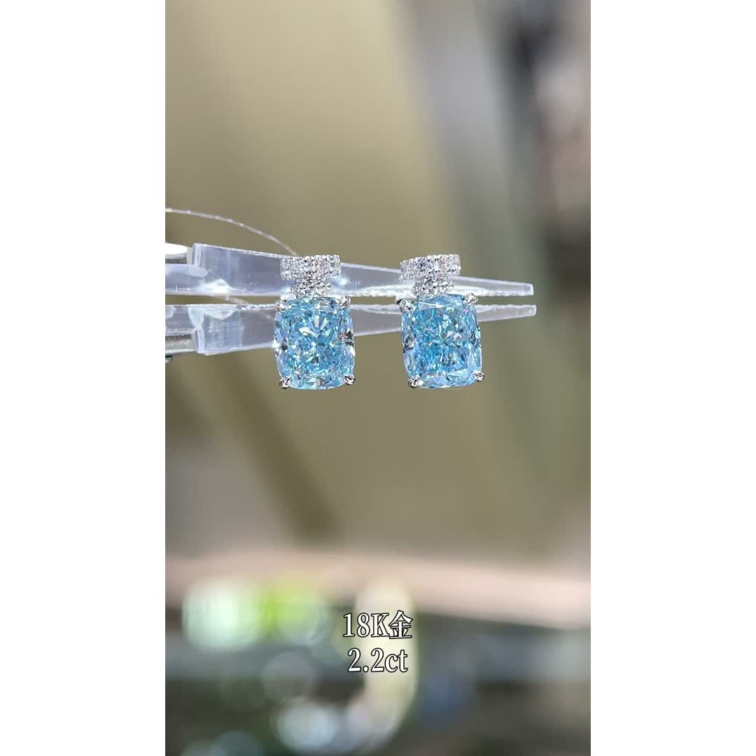Isla Blue Cushion Diamond Stud Earrings — product photo 3 of 4