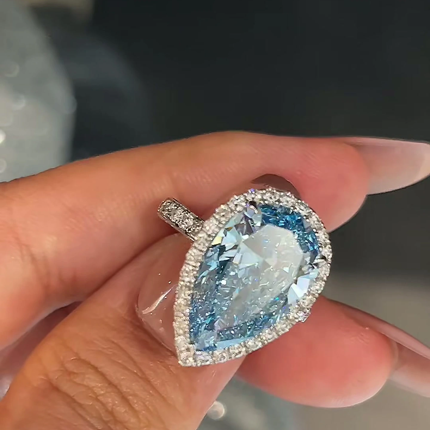 Celestine Handcrafted Pear Blue Diamond Halo Ring — product photo 4 of 4