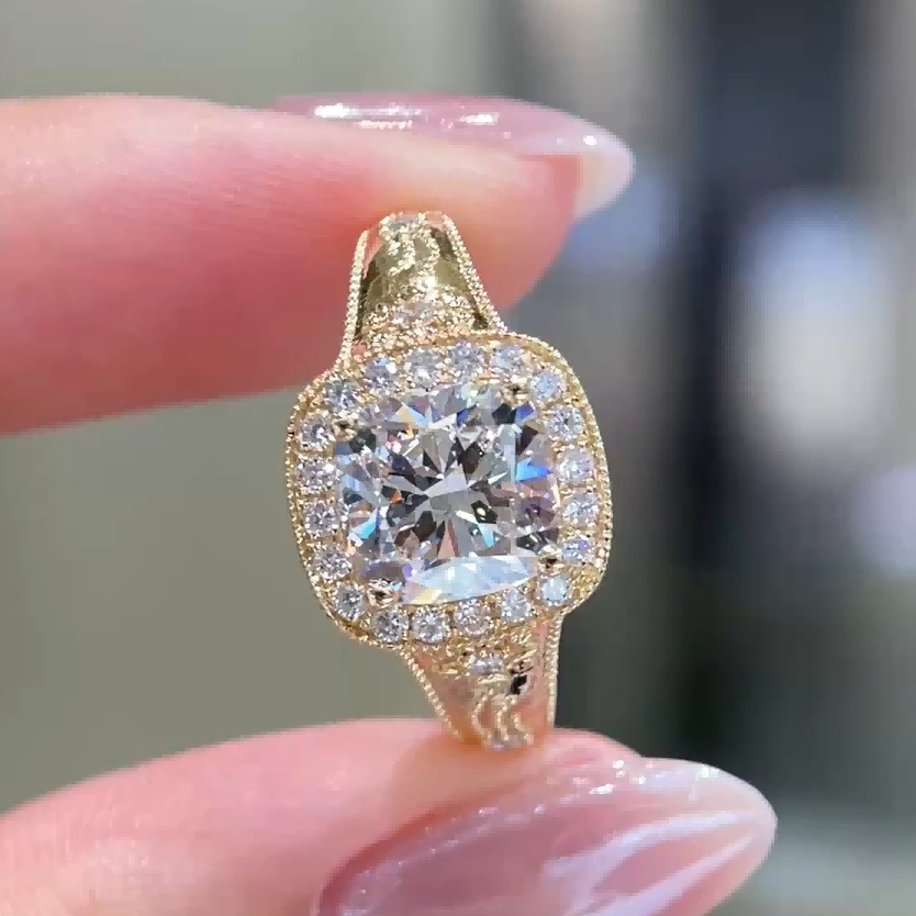 Vintage Cushion Halo Lab Diamond Ring | Antique Milgrain Engagement Ring — product photo 1 of 6