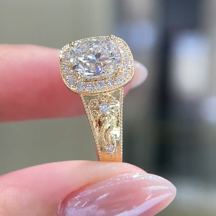 Vintage Cushion Halo Lab Diamond Ring | Antique Milgrain Engagement Ring — product photo 5 of 6