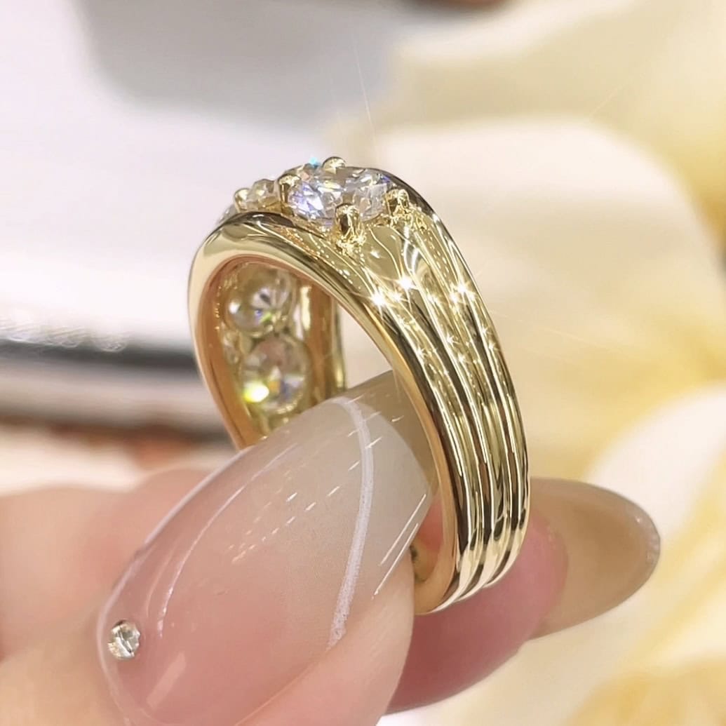 BP006 5 Stone Lab-Grown Diamond Ring Vintage Yellow Gold Wide Band Old Money Style Diamond Band — product photo 3 of 6