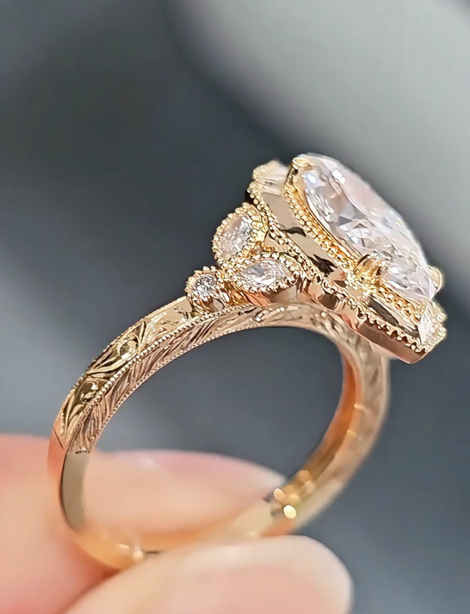 Vintage Marquise Diamond Ring | Victorian Inspired Engraved Gold Ring — product photo 5 of 5