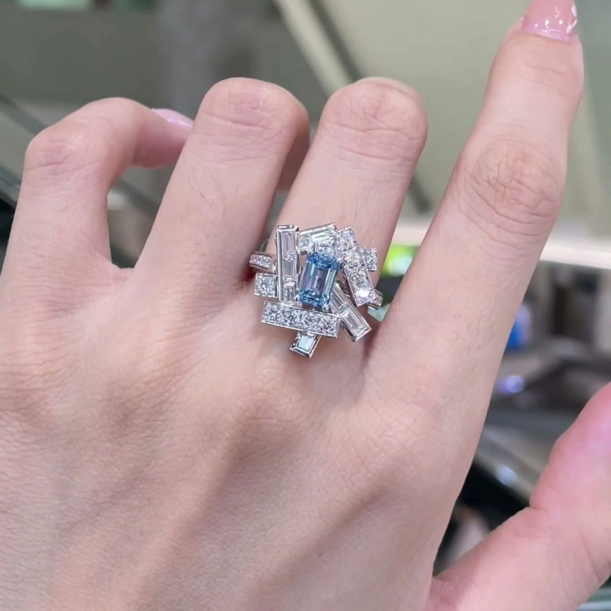 Cressida Fancy Vivid Blue Geometric Cluster Emerald-Cut Diamond Ring — product photo 4 of 4