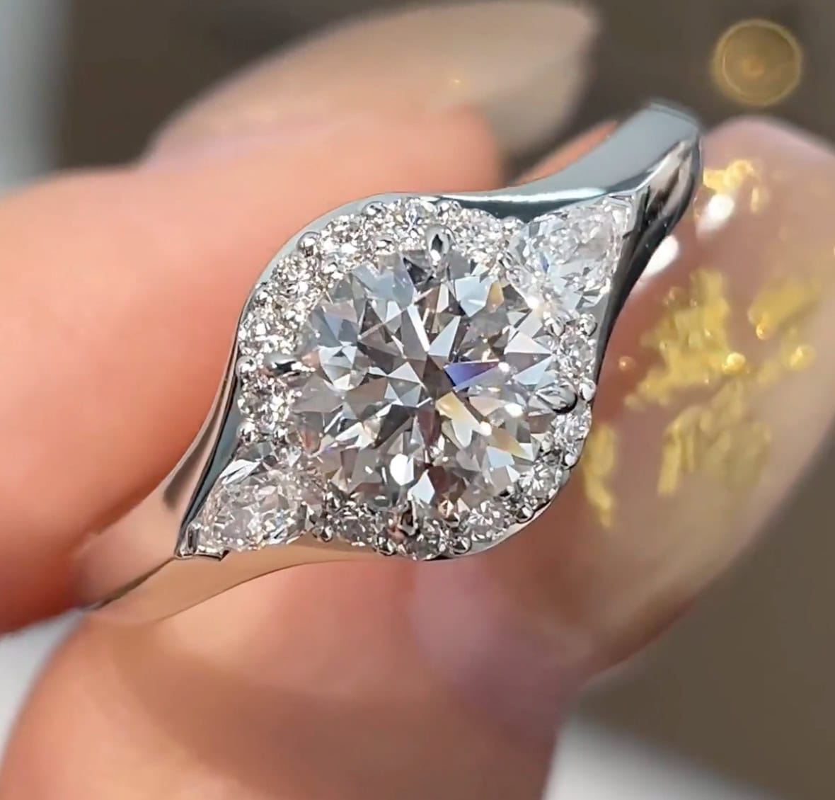 Three-Stone Lab Diamond Ring – Round Center with Marquise Side Stones and Pavé Halo — product photo 4 of 6