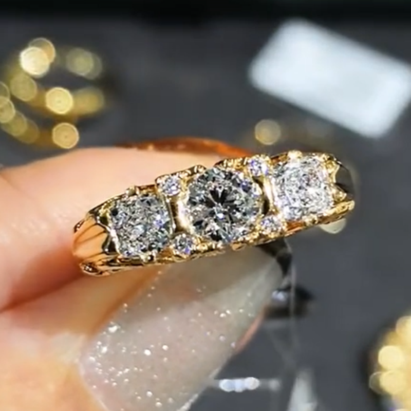 Vintage Scrollwork Three-Stone Lab Diamond Ring in 14K / 18K Gold — product photo 1 of 5