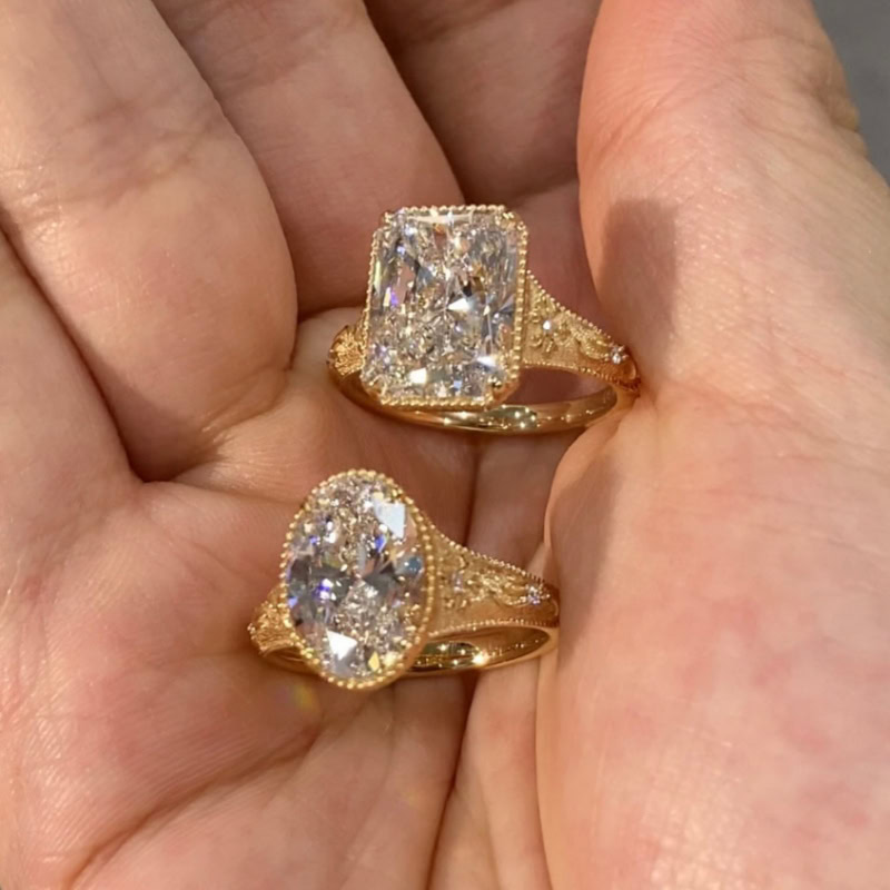 Vintage Floral Engraved Lab Diamond Ring Cushion/Oval/Radiant Cut in 14K / 18K Gold — product photo 2 of 6