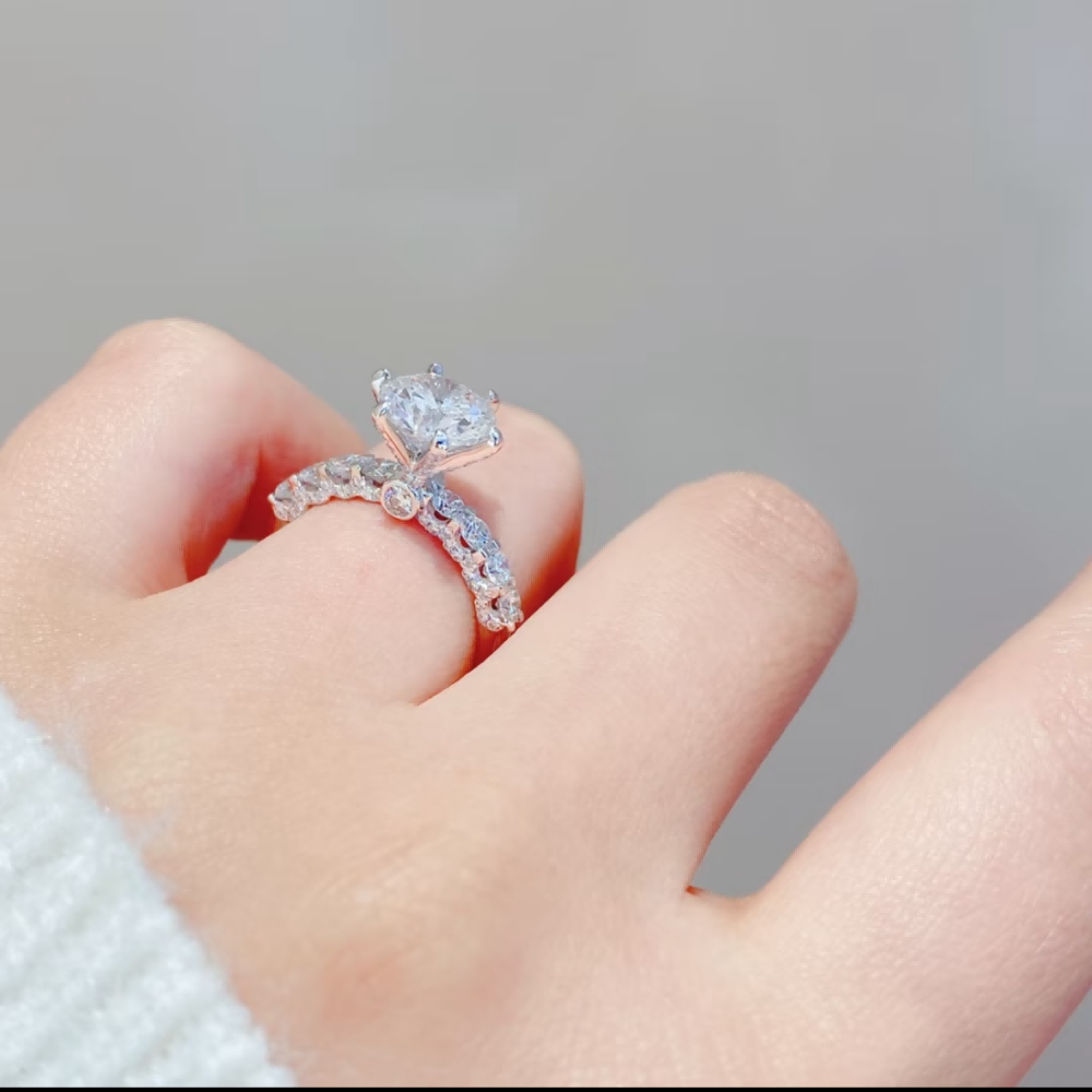 Floral Side Stone Round Lab Diamond Engagement Ring with Hidden Halo in 14K / 18K Gold — product photo 4 of 6