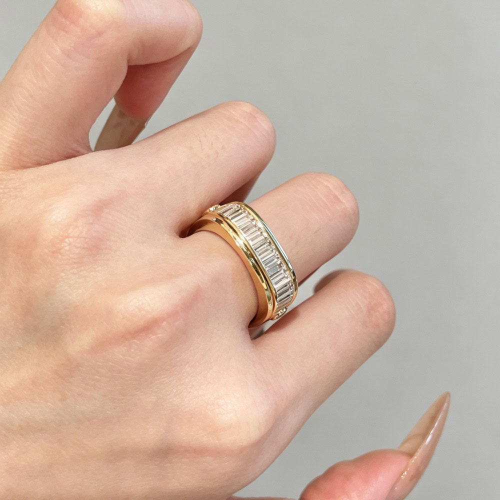 Vintage Baguette Lab Diamond Band Ring – Ice Candy Texture Thick Gold Statement Ring in 14K / 18K Gold — product photo 3 of 6