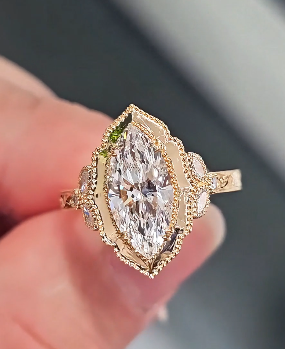 Vintage Marquise Diamond Ring | Victorian Inspired Engraved Gold Ring — product photo 4 of 5