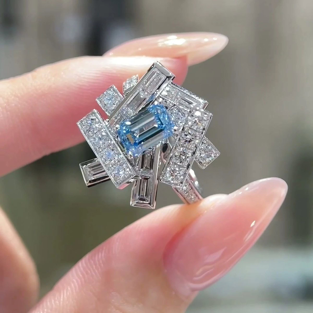 Cressida Fancy Vivid Blue Geometric Cluster Emerald-Cut Diamond Ring — product photo 1 of 4