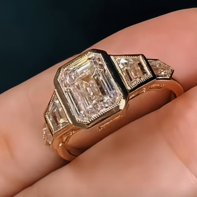 Vintage Art Deco Emerald Cut Lab Diamond Engagement Ring in 14K / 18K Gold — product photo 3 of 4