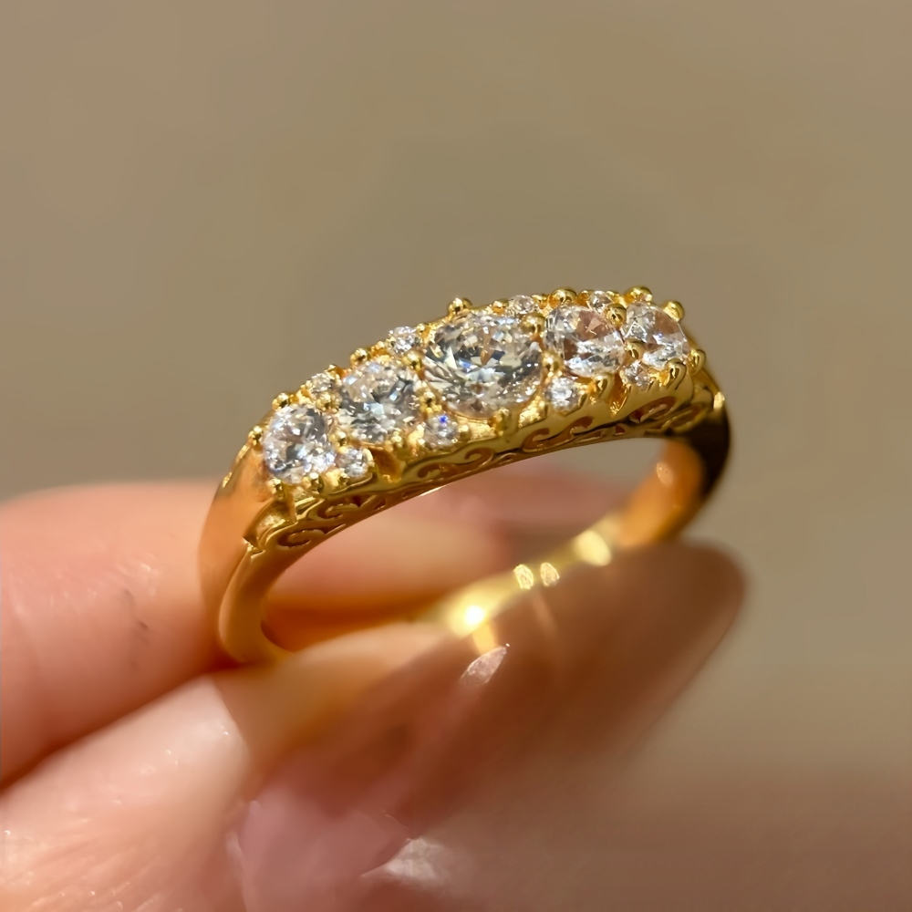 Vintage Scrollwork Five-Stone Lab Diamond Ring – Antique Style Gold Band in 14K / 18K Gold — product photo 1 of 6