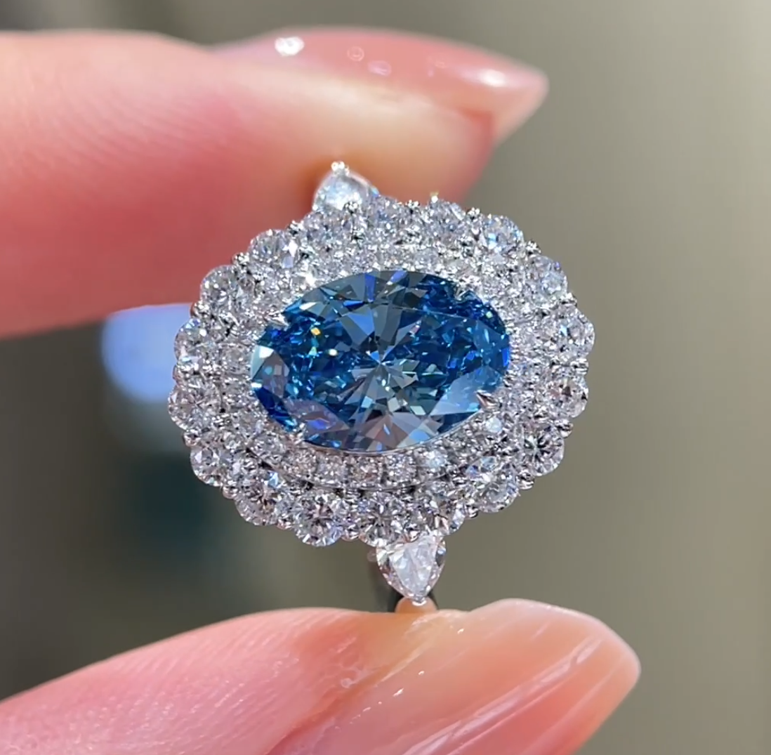 Maris Oval Blue Lab Diamond Floral Halo Ring — product photo 1 of 6