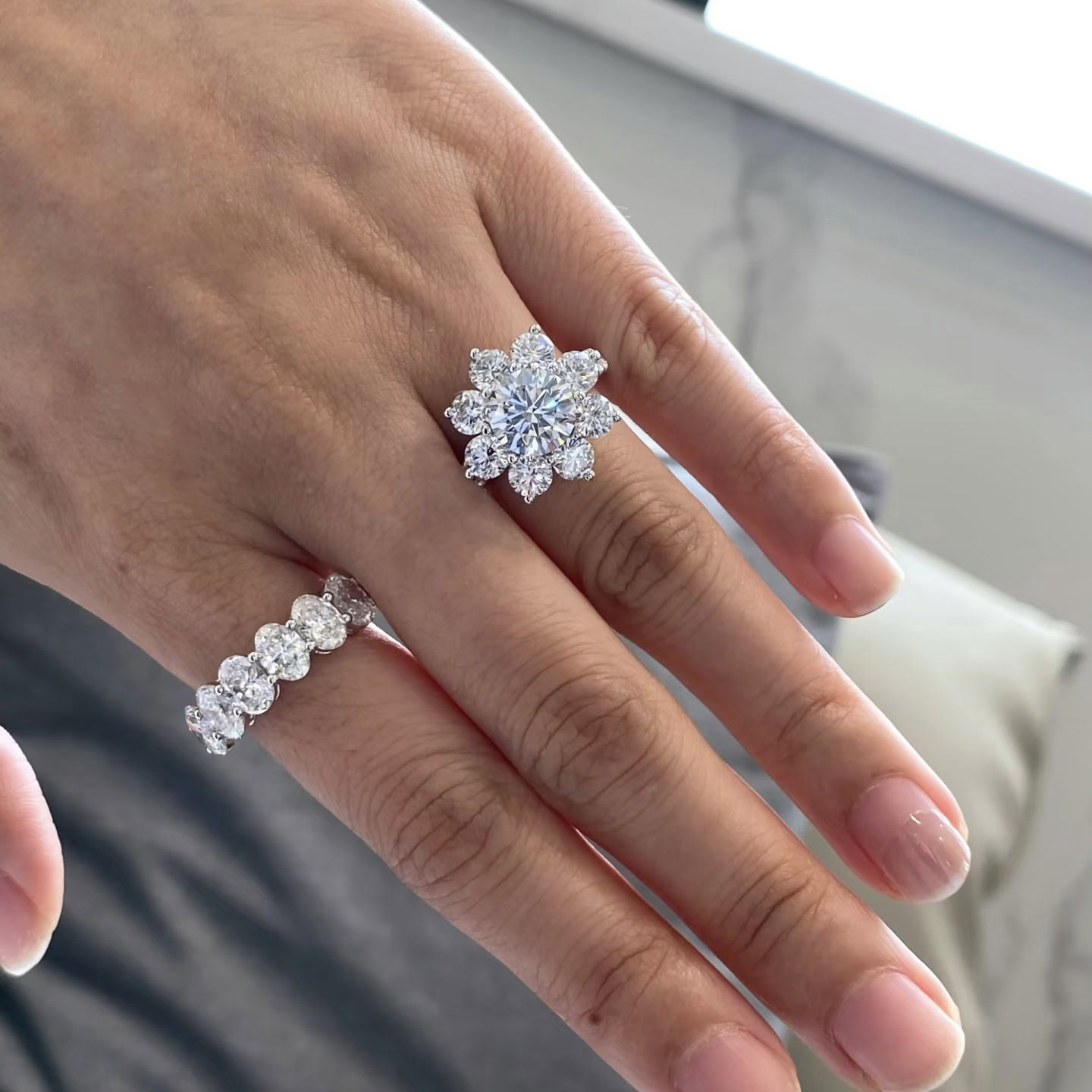 Sunflower Floral Halo Round Diamond Engagement Ring — product photo 5 of 6