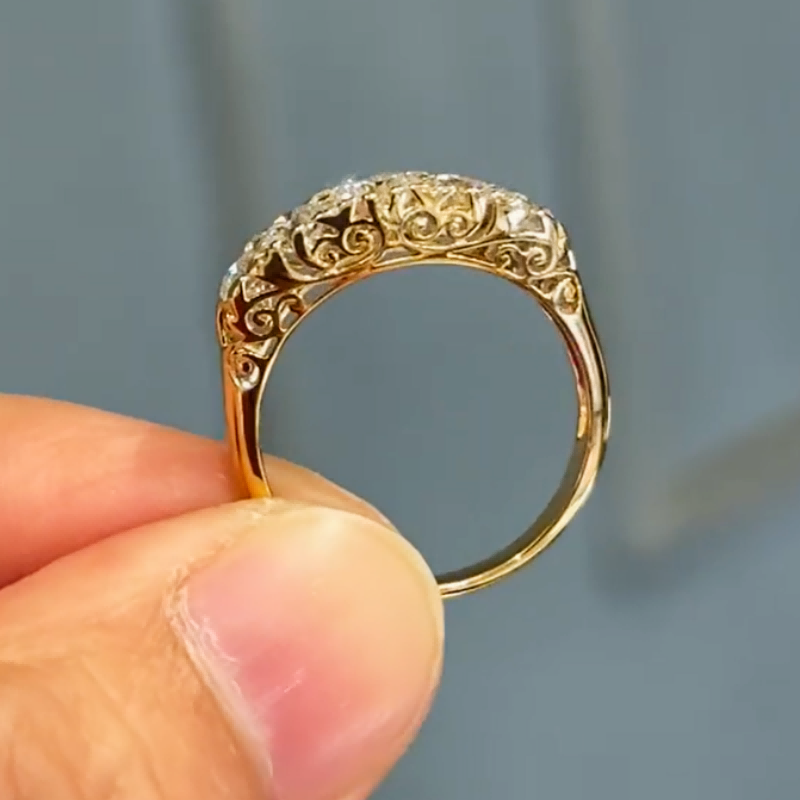 Vintage Scrollwork Five-Stone Lab Diamond Ring – Antique Style Gold Band in 14K / 18K Gold — product photo 3 of 6