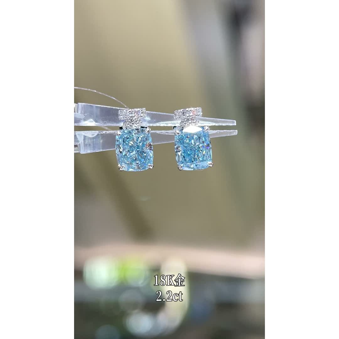 Isla Blue Cushion Diamond Stud Earrings — product photo 4 of 4