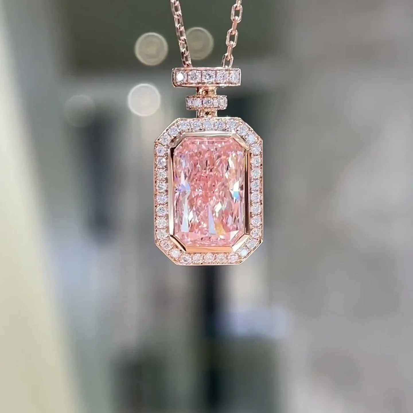Rosaline 4.08ct Fancy Vivid Pink Radiant Halo Perfume Bottle Lab-Grown Diamond Pendant Necklace — product photo 2 of 6