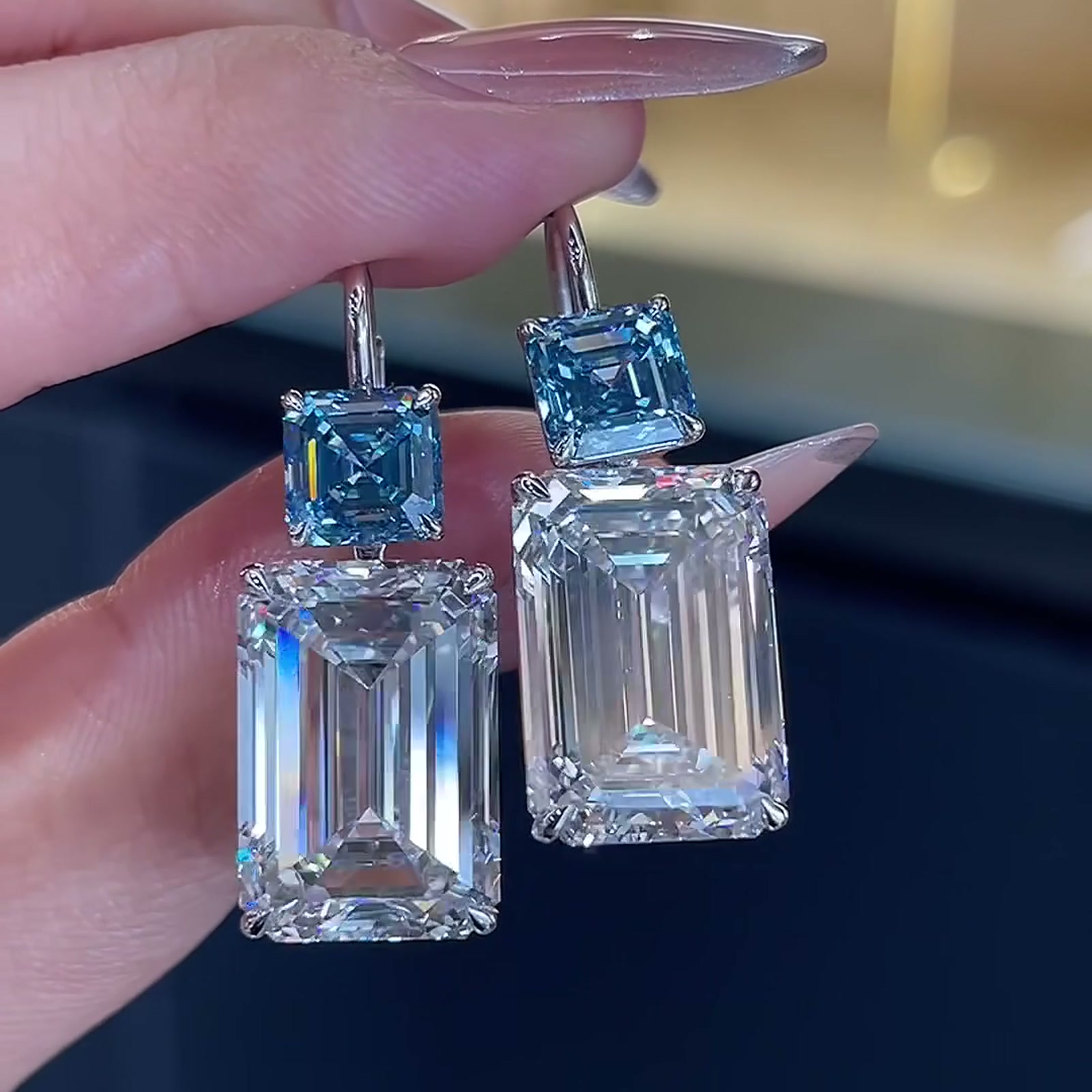 Emerald-Cut and Blue Lab-Grown Diamond Drop Earrings — product photo 1 of 4