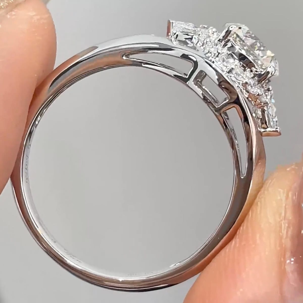 Three-Stone Lab Diamond Ring – Round Center with Marquise Side Stones and Pavé Halo — product photo 5 of 6