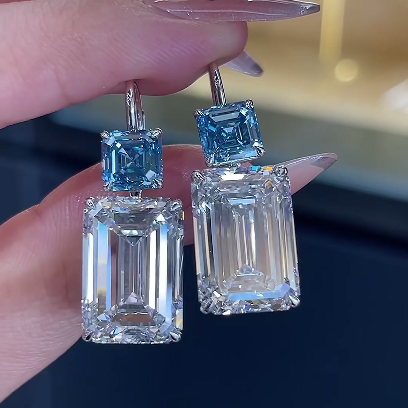 Emerald-Cut and Blue Lab-Grown Diamond Drop Earrings — product photo 3 of 4