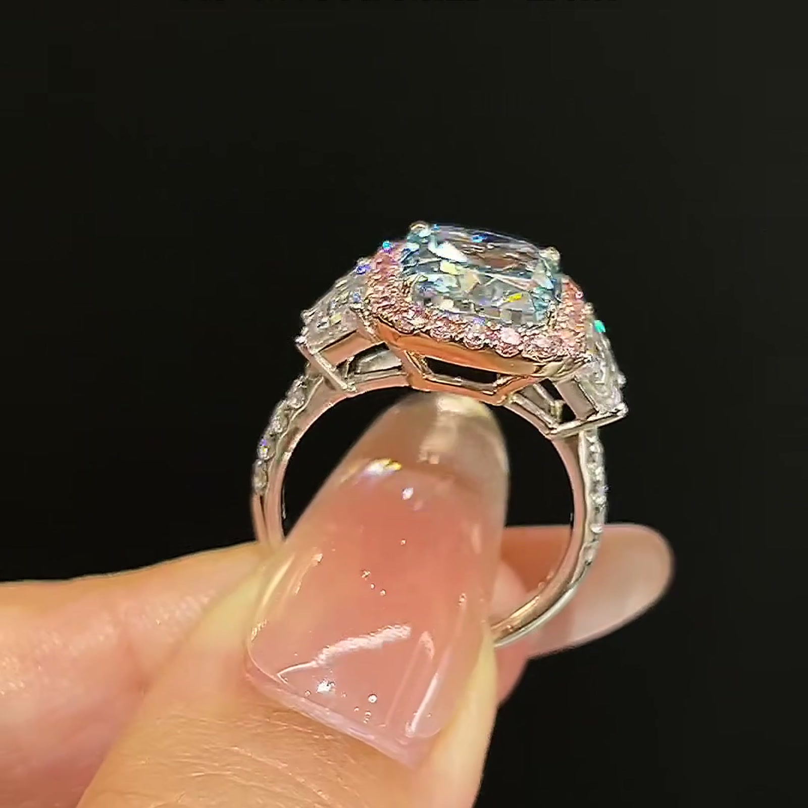 Blue Lab-Grown Diamond Three-Stone Halo Ring — product photo 3 of 4