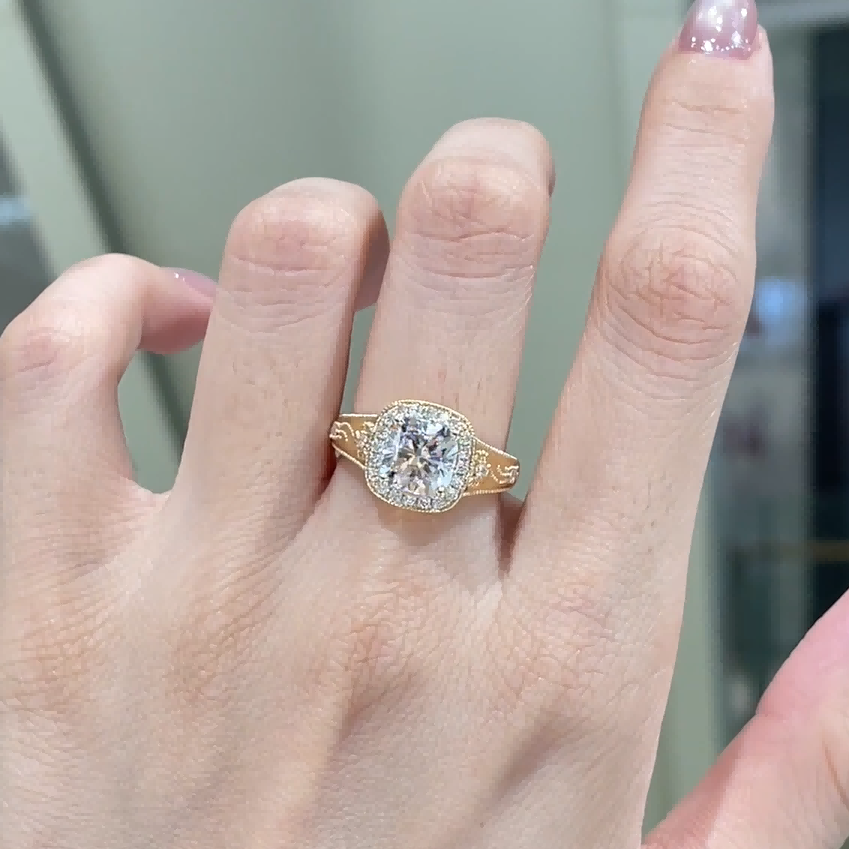 Vintage Cushion Halo Lab Diamond Ring | Antique Milgrain Engagement Ring — product photo 3 of 6