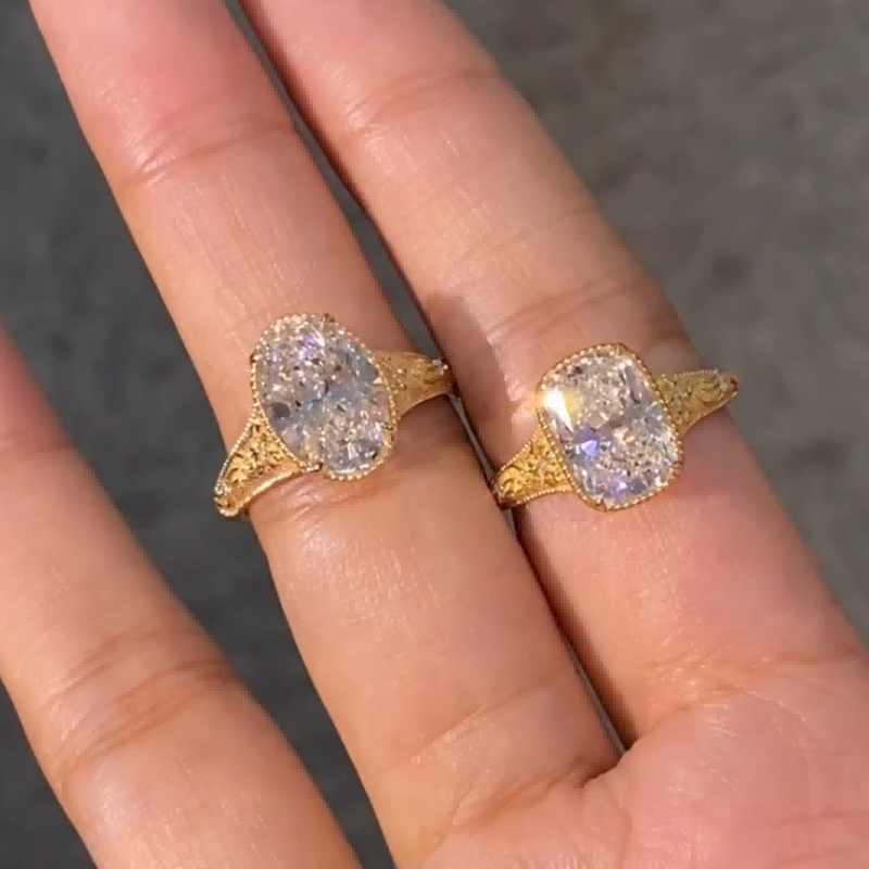 Vintage Floral Engraved Lab Diamond Ring Cushion/Oval/Radiant Cut in 14K / 18K Gold — product photo 3 of 6