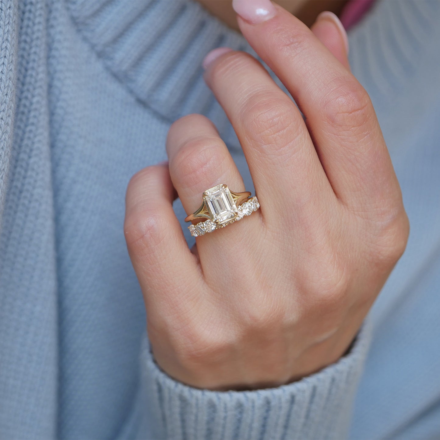 Split Shank Emerald Cut Lab Diamond Engagement Ring — product photo 5 of 6