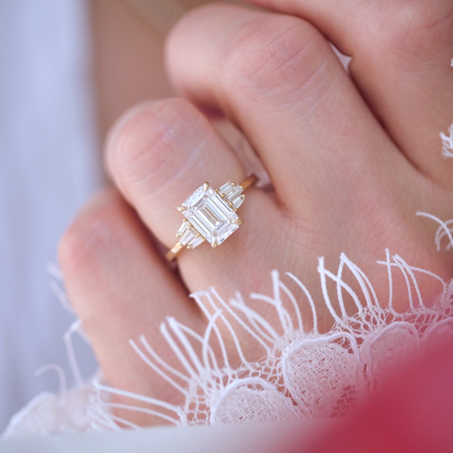 Emerald Cut Lab Diamond Engagement Ring with Tapered Baguette Side Stones — product photo 4 of 6
