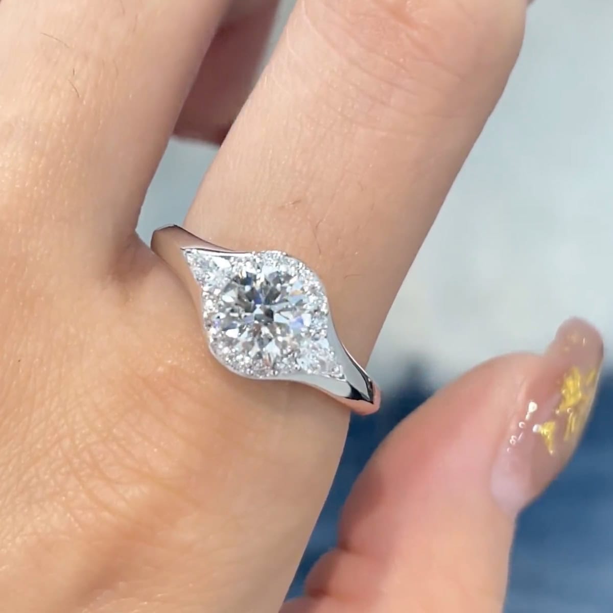Three-Stone Lab Diamond Ring – Round Center with Marquise Side Stones and Pavé Halo — product photo 6 of 6
